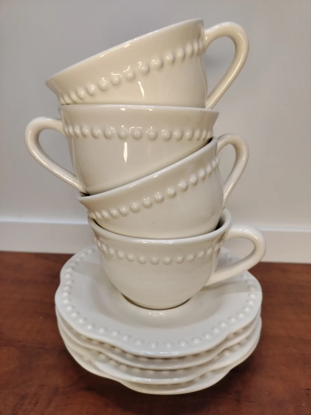 Pottery Barn Emma Beaded Collection White Stoneware Teacup and Saucer. Set Of 4